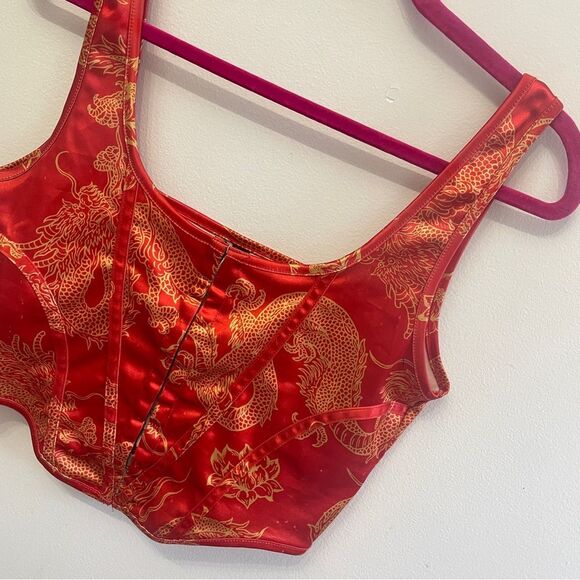 Motel Elci Corset Top XL In Dragon Flower Red Gold Crop Top - Picture 4 of 10